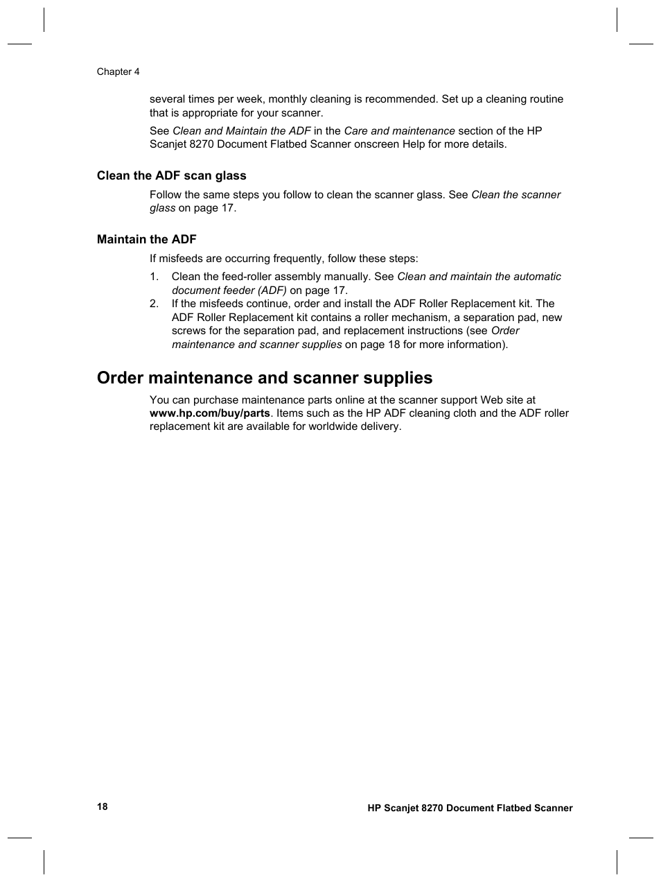 Order maintenance and scanner supplies | HP Scanjet 8270 User Manual | Page 20 / 332