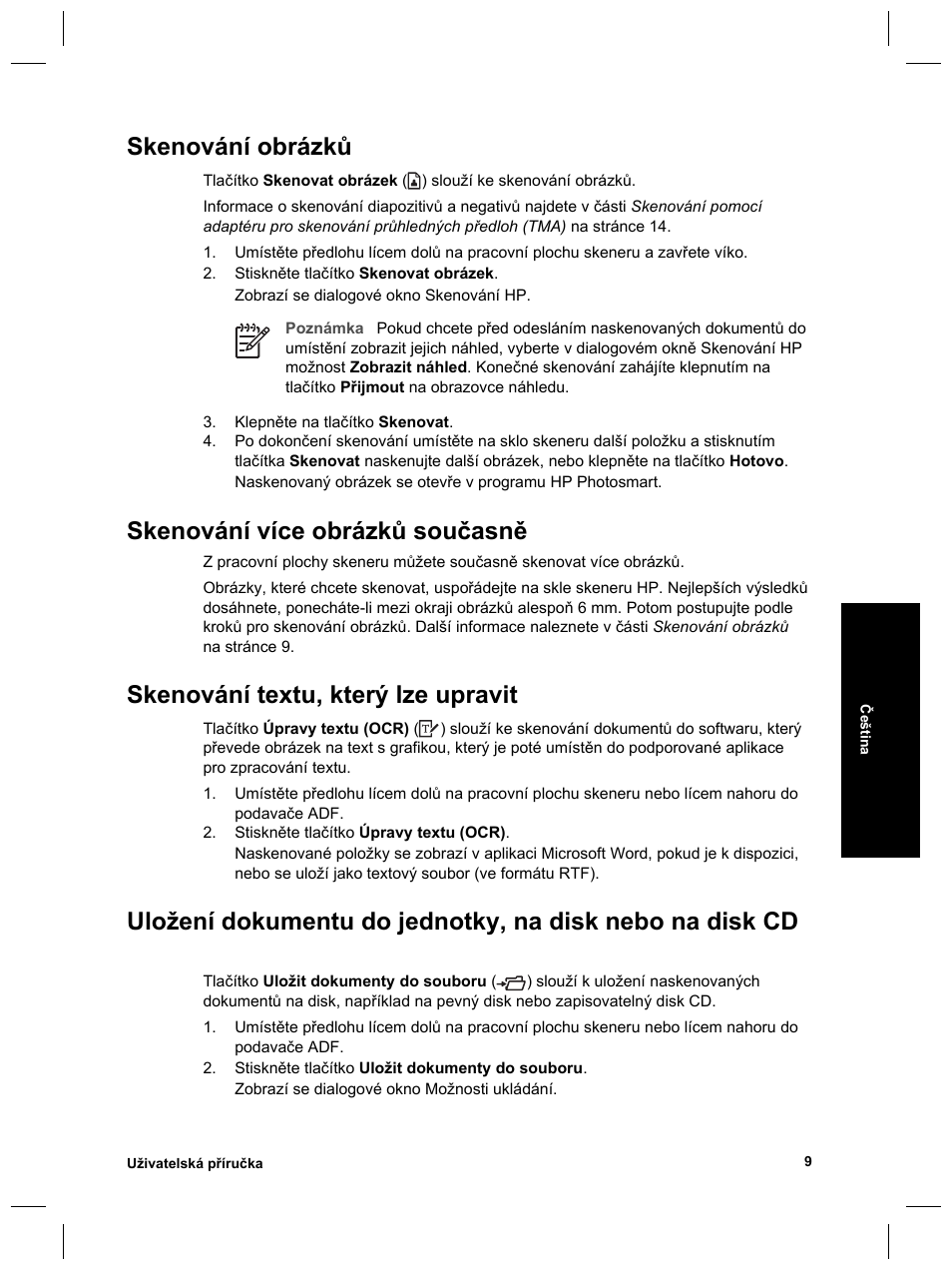 Skenování obrázků, Skenování více obrázků současně, Skenování textu, který lze upravit | HP Scanjet 8270 User Manual | Page 207 / 332