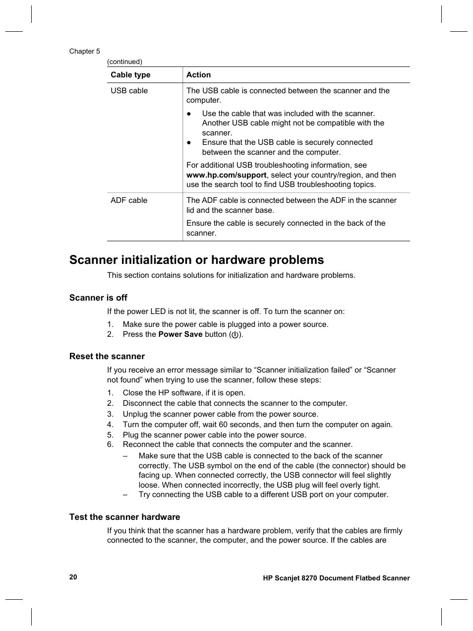 Scanner initialization or hardware problems | HP Scanjet 8270 User Manual | Page 22 / 332