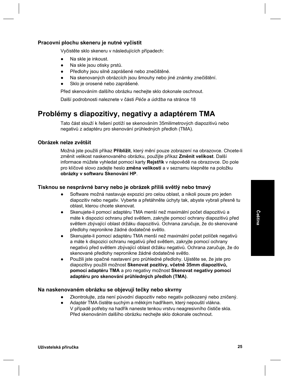 Problémy s diapozitivy, negativy a adaptérem tma | HP Scanjet 8270 User Manual | Page 223 / 332