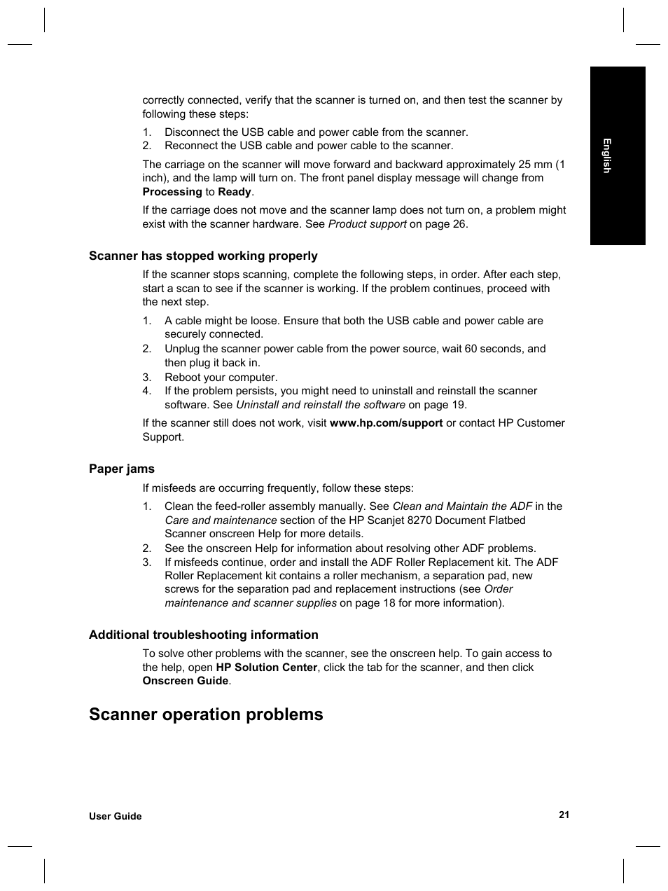 Scanner operation problems | HP Scanjet 8270 User Manual | Page 23 / 332