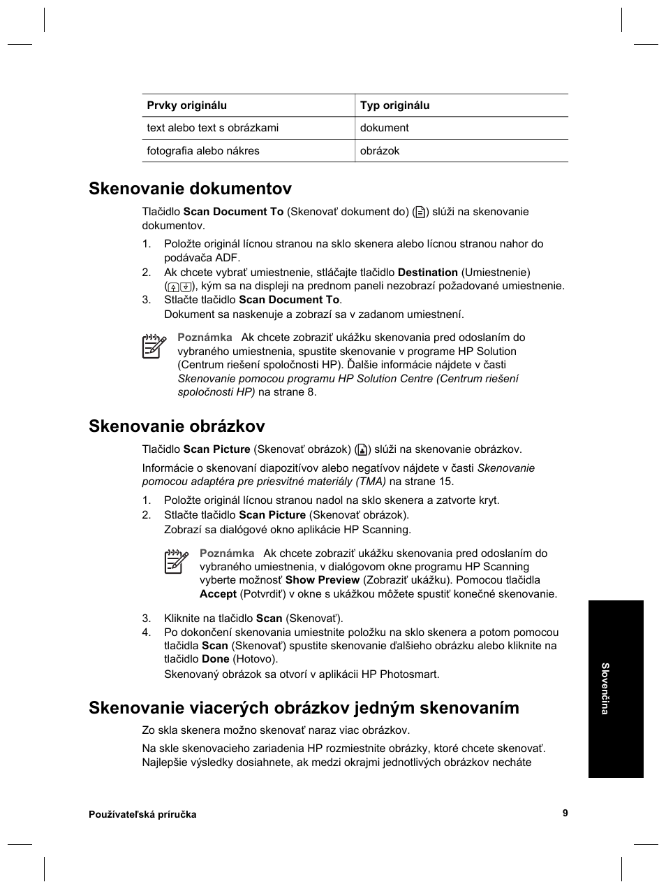 Skenovanie dokumentov, Skenovanie obrázkov, Skenovanie viacerých obrázkov jedným skenovaním | HP Scanjet 8270 User Manual | Page 239 / 332