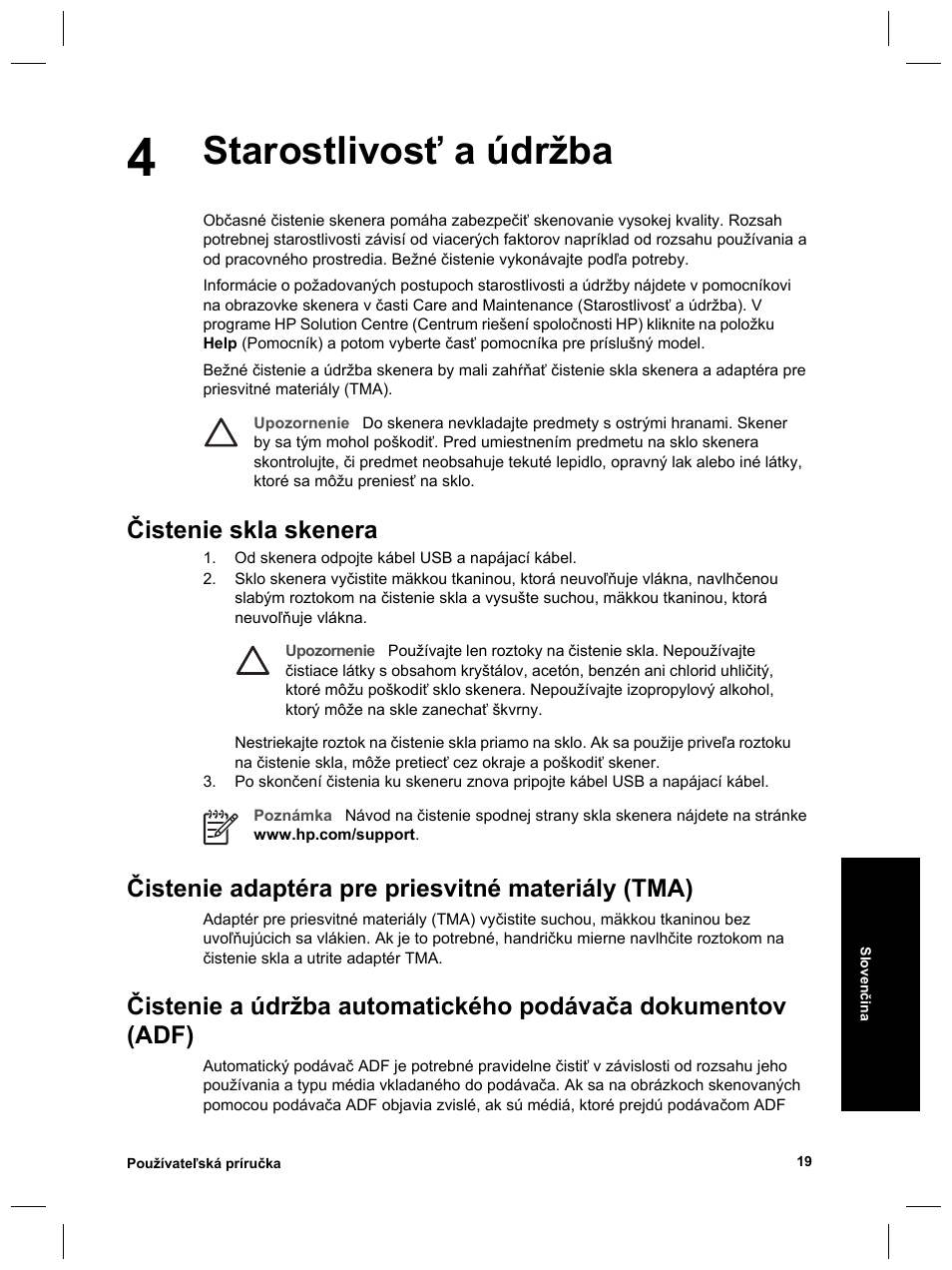 Starostlivosť a údržba, Čistenie skla skenera, Čistenie adaptéra pre priesvitné materiály (tma) | HP Scanjet 8270 User Manual | Page 249 / 332