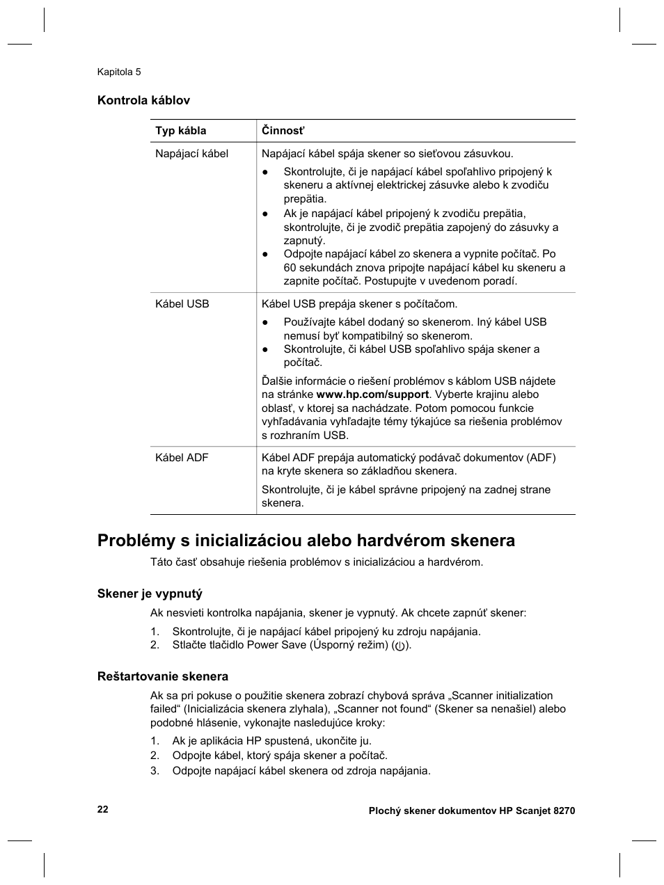 Problémy s inicializáciou alebo hardvérom skenera | HP Scanjet 8270 User Manual | Page 252 / 332