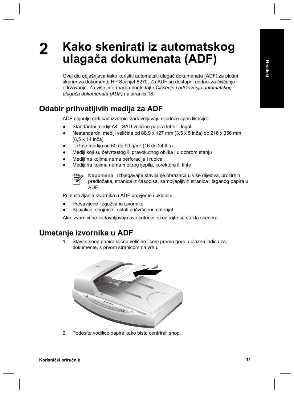 Odabir prihvatljivih medija za adf, Umetanje izvornika u adf | HP Scanjet 8270 User Manual | Page 275 / 332