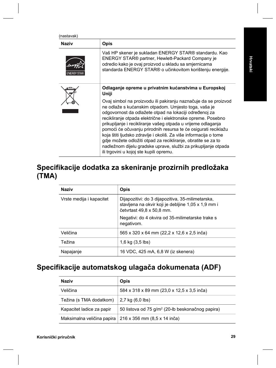 Specifikacije automatskog ulagača dokumenata (adf) | HP Scanjet 8270 User Manual | Page 293 / 332