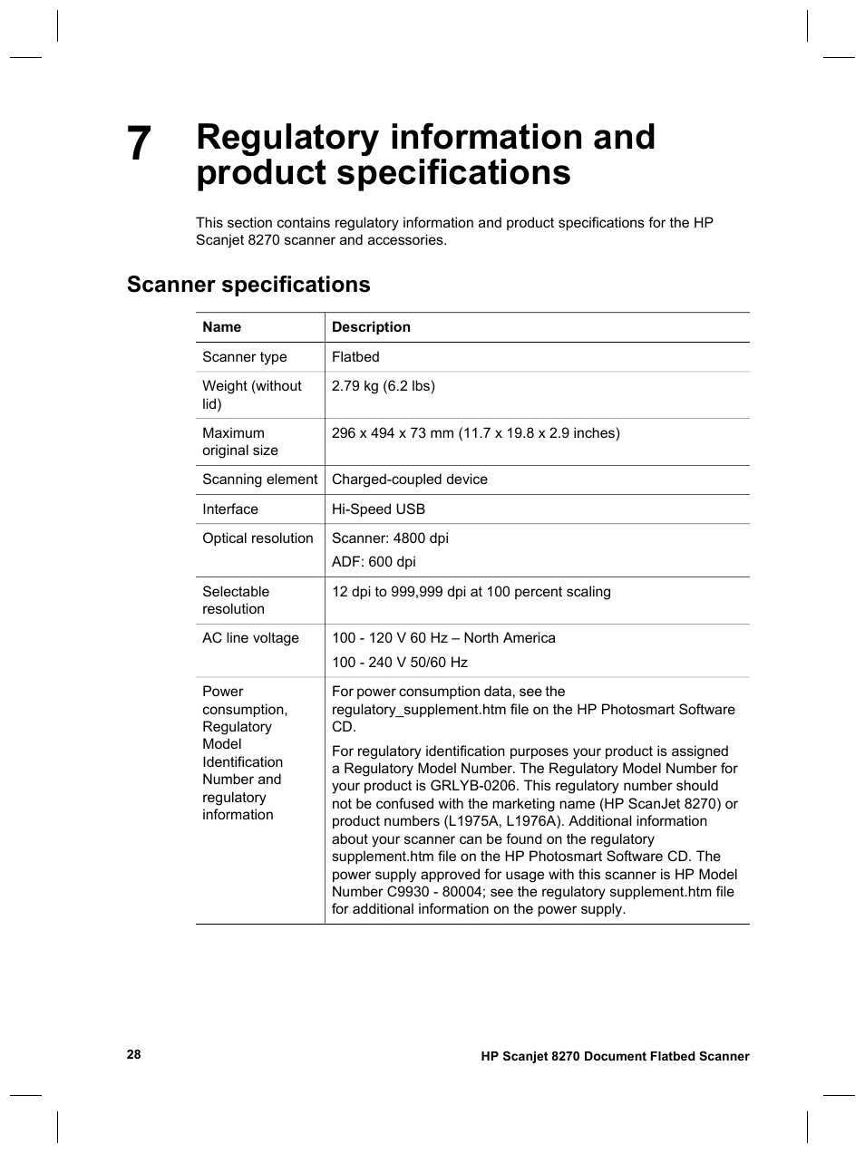 Regulatory information and product specifications, Scanner specifications | HP Scanjet 8270 User Manual | Page 30 / 332