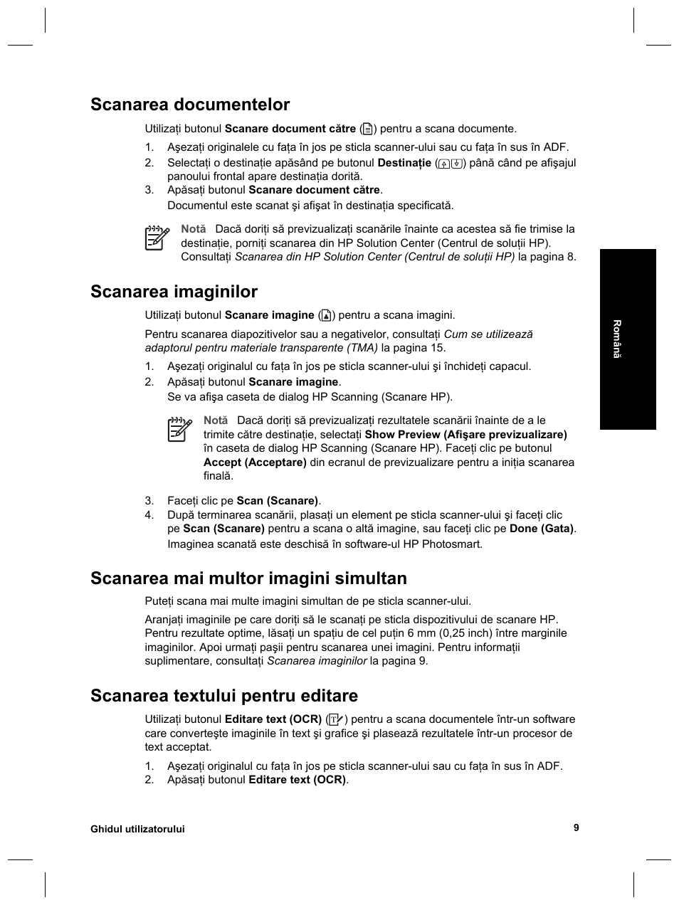 Scanarea documentelor, Scanarea imaginilor, Scanarea mai multor imagini simultan | Scanarea textului pentru editare | HP Scanjet 8270 User Manual | Page 303 / 332