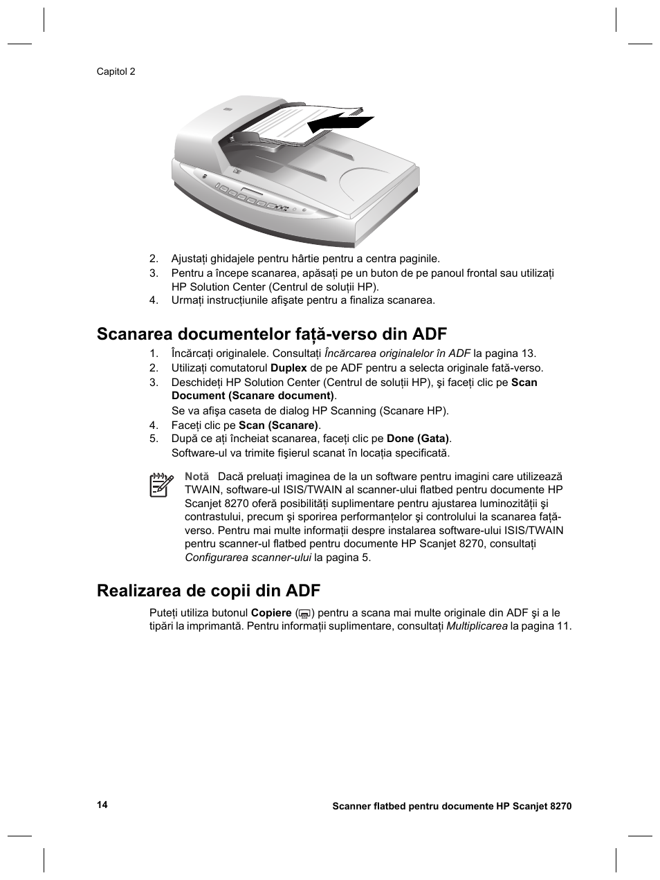 Scanarea documentelor faţă-verso din adf, Realizarea de copii din adf | HP Scanjet 8270 User Manual | Page 308 / 332