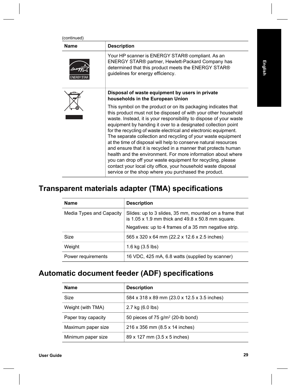 Transparent materials adapter (tma) specifications, Automatic document feeder (adf) specifications | HP Scanjet 8270 User Manual | Page 31 / 332
