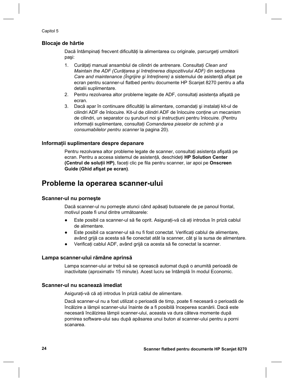 Probleme la operarea scanner-ului | HP Scanjet 8270 User Manual | Page 318 / 332