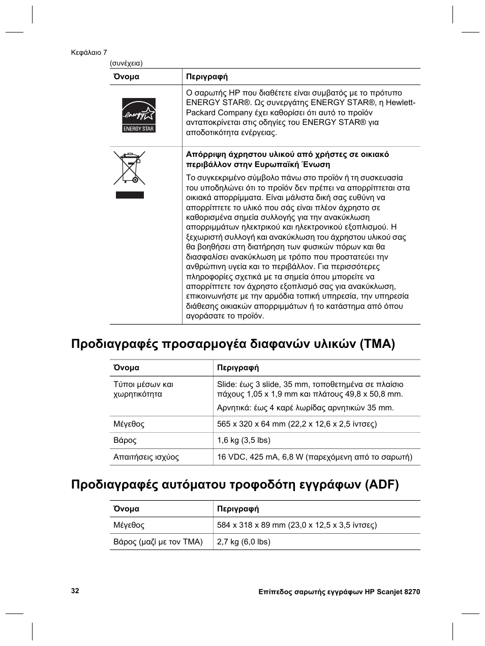 Προδιαγραφές προσαρµογέα διαφανών υλικών (tma), Προδιαγραφές αυτόµατου τροφοδότη εγγράφων (adf) | HP Scanjet 8270 User Manual | Page 64 / 332