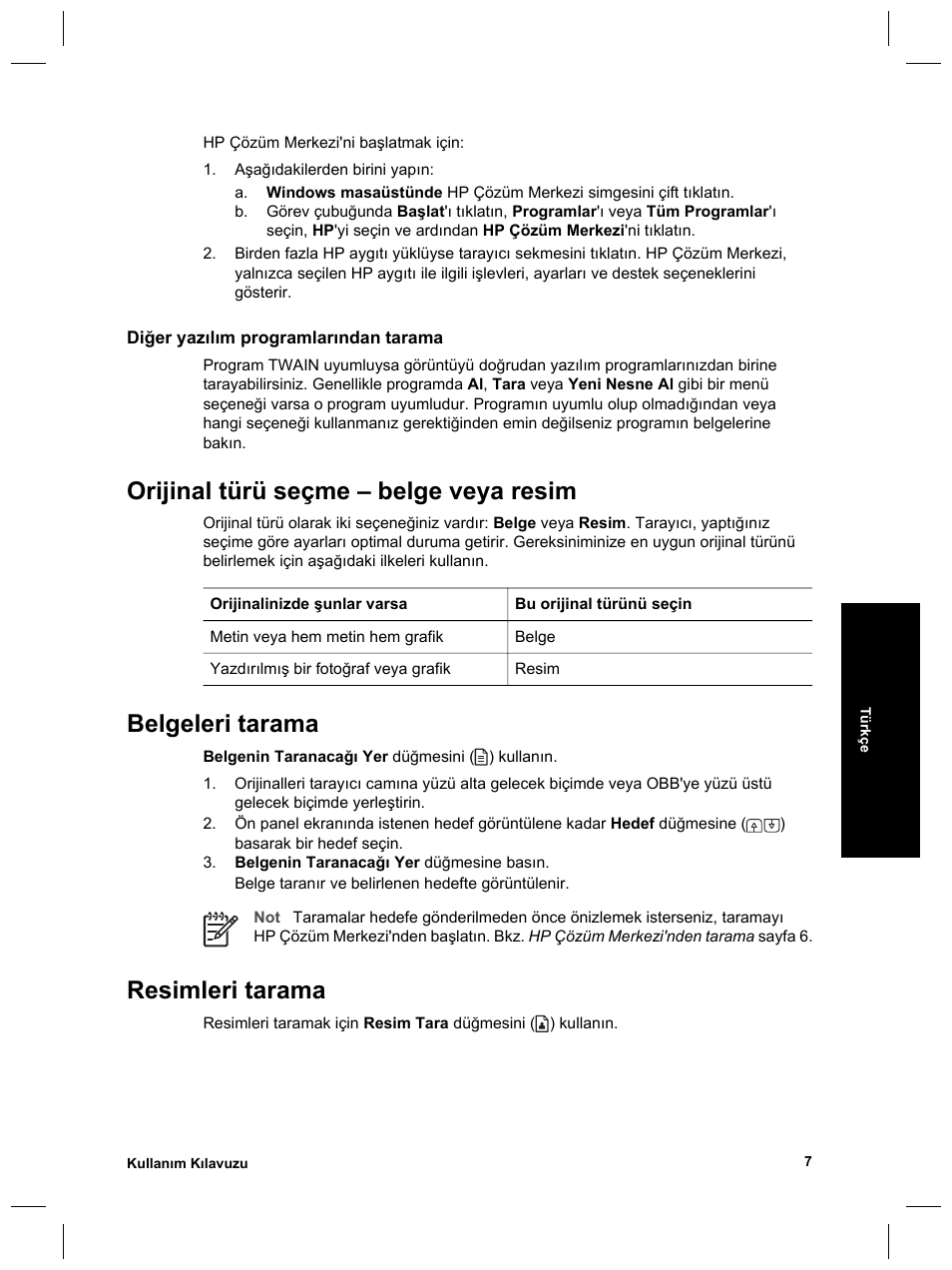 Orijinal türü seçme – belge veya resim, Belgeleri tarama, Resimleri tarama | HP Scanjet 8270 User Manual | Page 73 / 332