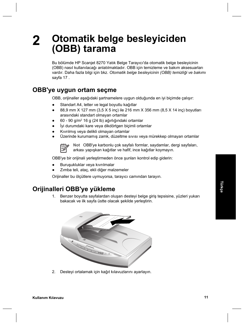 Otomatik belge besleyiciden (obb) tarama, Obb'ye uygun ortam seçme, Orijinalleri obb'ye yükleme | HP Scanjet 8270 User Manual | Page 77 / 332
