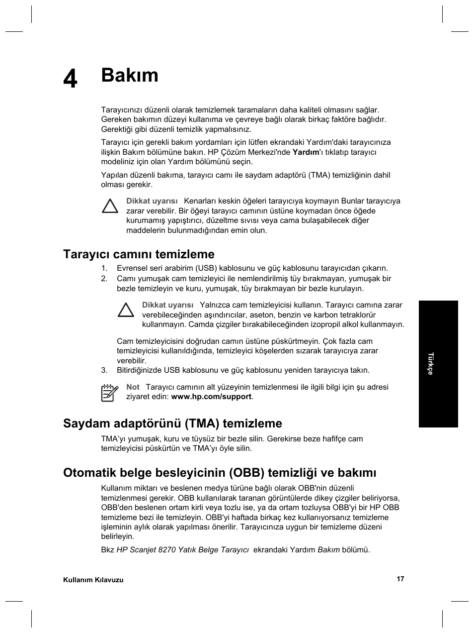 Bakım, Tarayıcı camını temizleme, Saydam adaptörünü (tma) temizleme | HP Scanjet 8270 User Manual | Page 83 / 332