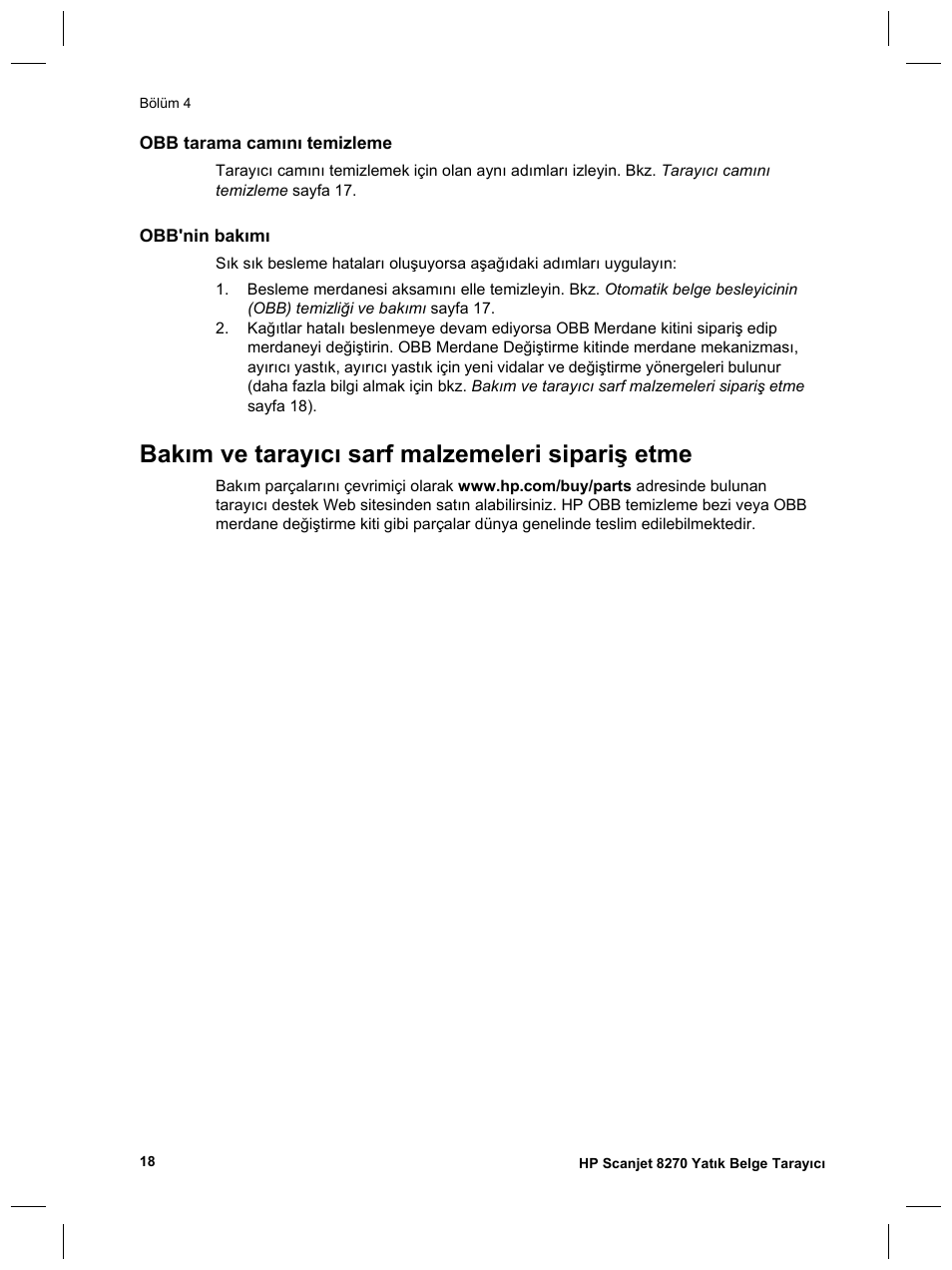 Bakım ve tarayıcı sarf malzemeleri sipariş etme | HP Scanjet 8270 User Manual | Page 84 / 332
