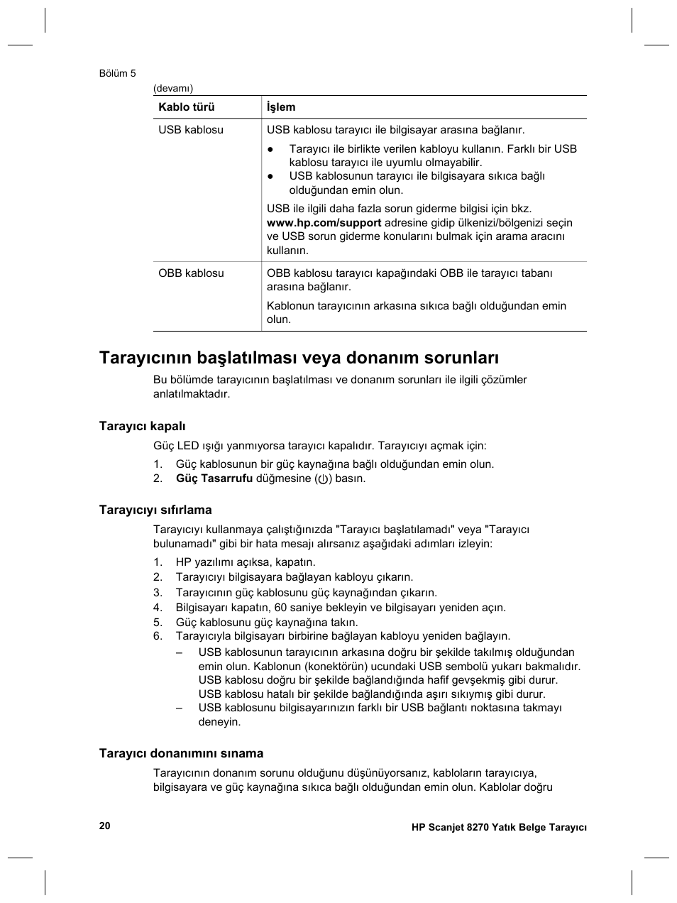 Tarayıcının başlatılması veya donanım sorunları | HP Scanjet 8270 User Manual | Page 86 / 332