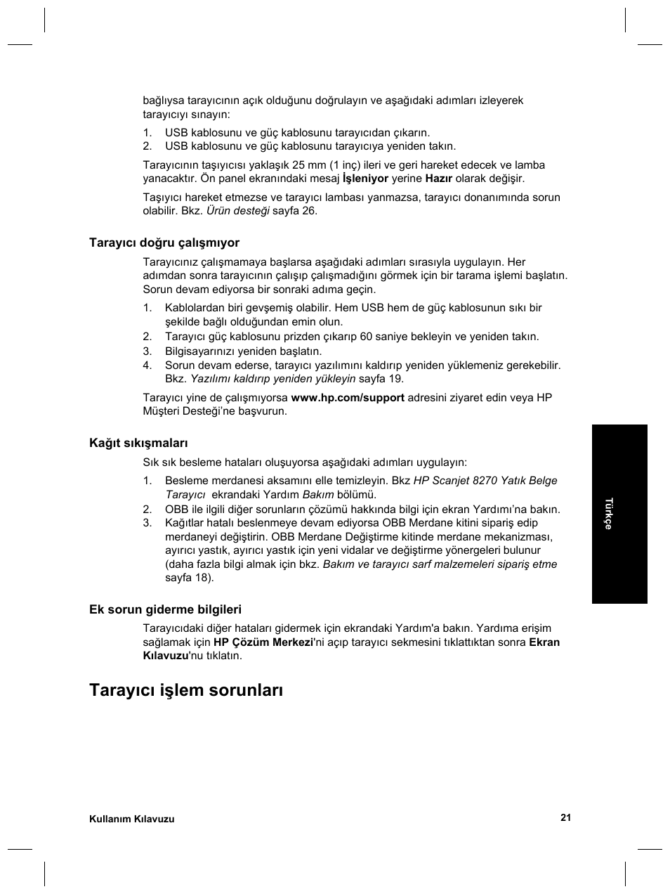 Tarayıcı işlem sorunları | HP Scanjet 8270 User Manual | Page 87 / 332