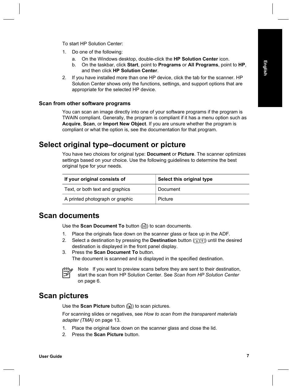 Select original type–document or picture, Scan documents, Scan pictures | HP Scanjet 8270 User Manual | Page 9 / 332