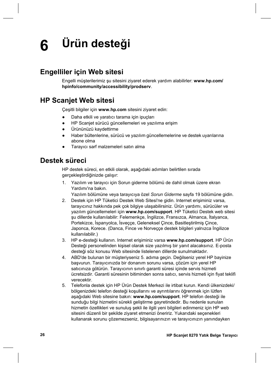 Ürün desteği, Engelliler için web sitesi, Hp scanjet web sitesi | Destek süreci | HP Scanjet 8270 User Manual | Page 92 / 332
