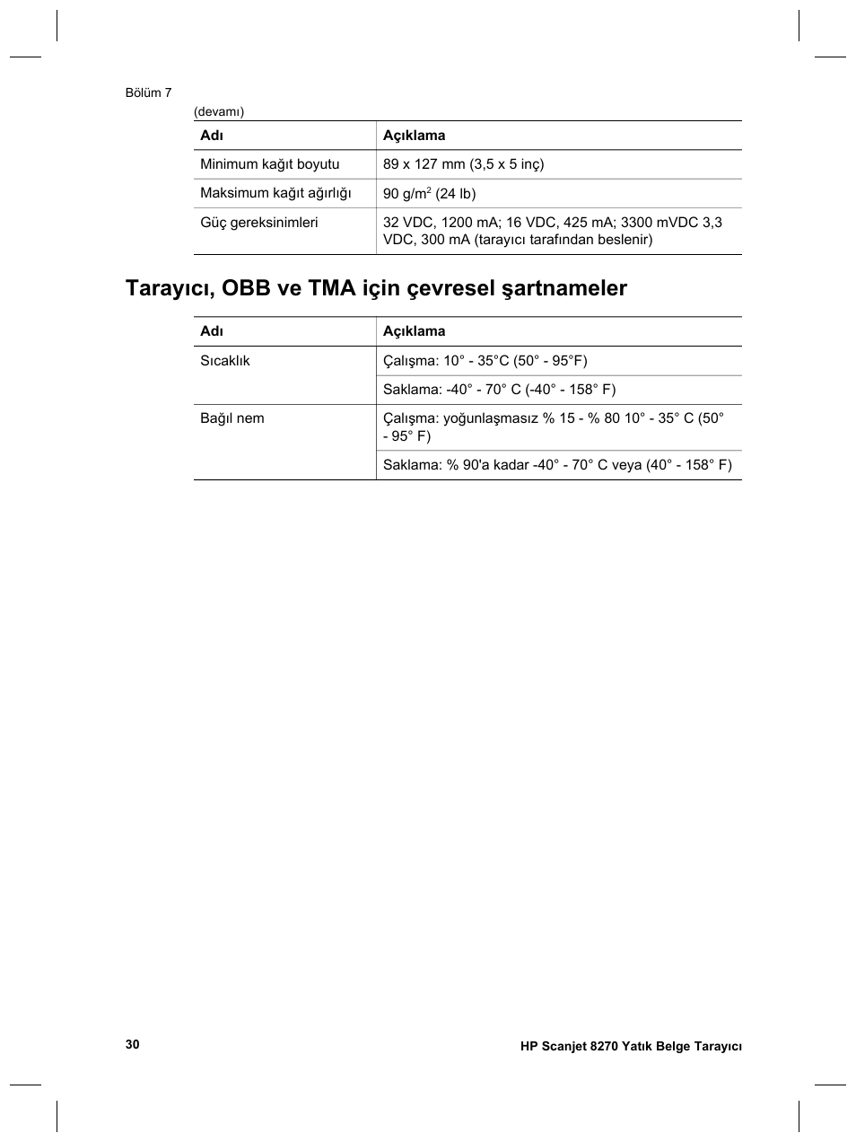 Tarayıcı, obb ve tma için çevresel şartnameler | HP Scanjet 8270 User Manual | Page 96 / 332