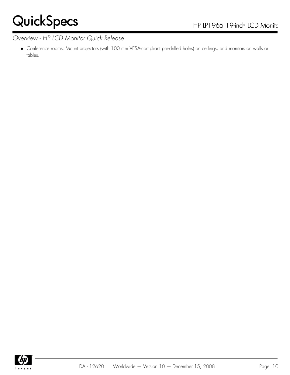 Quickspecs | HP 19 INch LCD Monitor LP1965 User Manual | Page 10 / 11