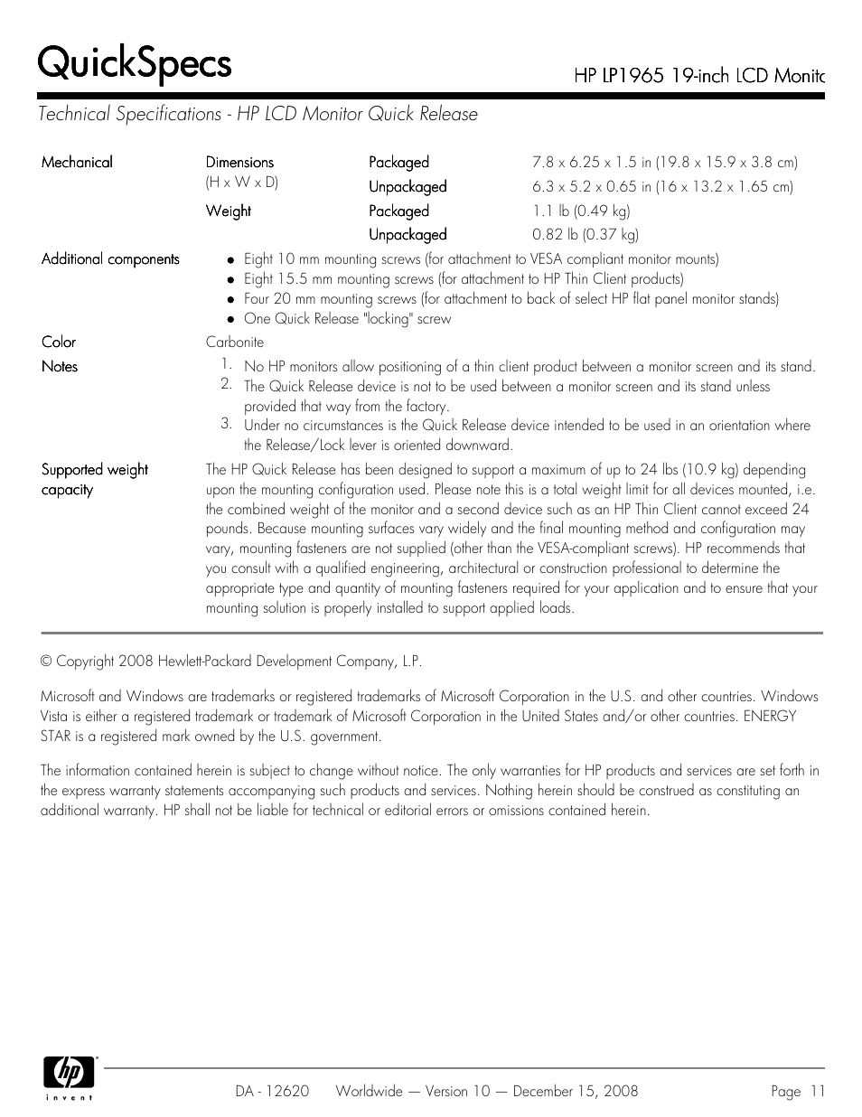 Quickspecs | HP 19 INch LCD Monitor LP1965 User Manual | Page 11 / 11