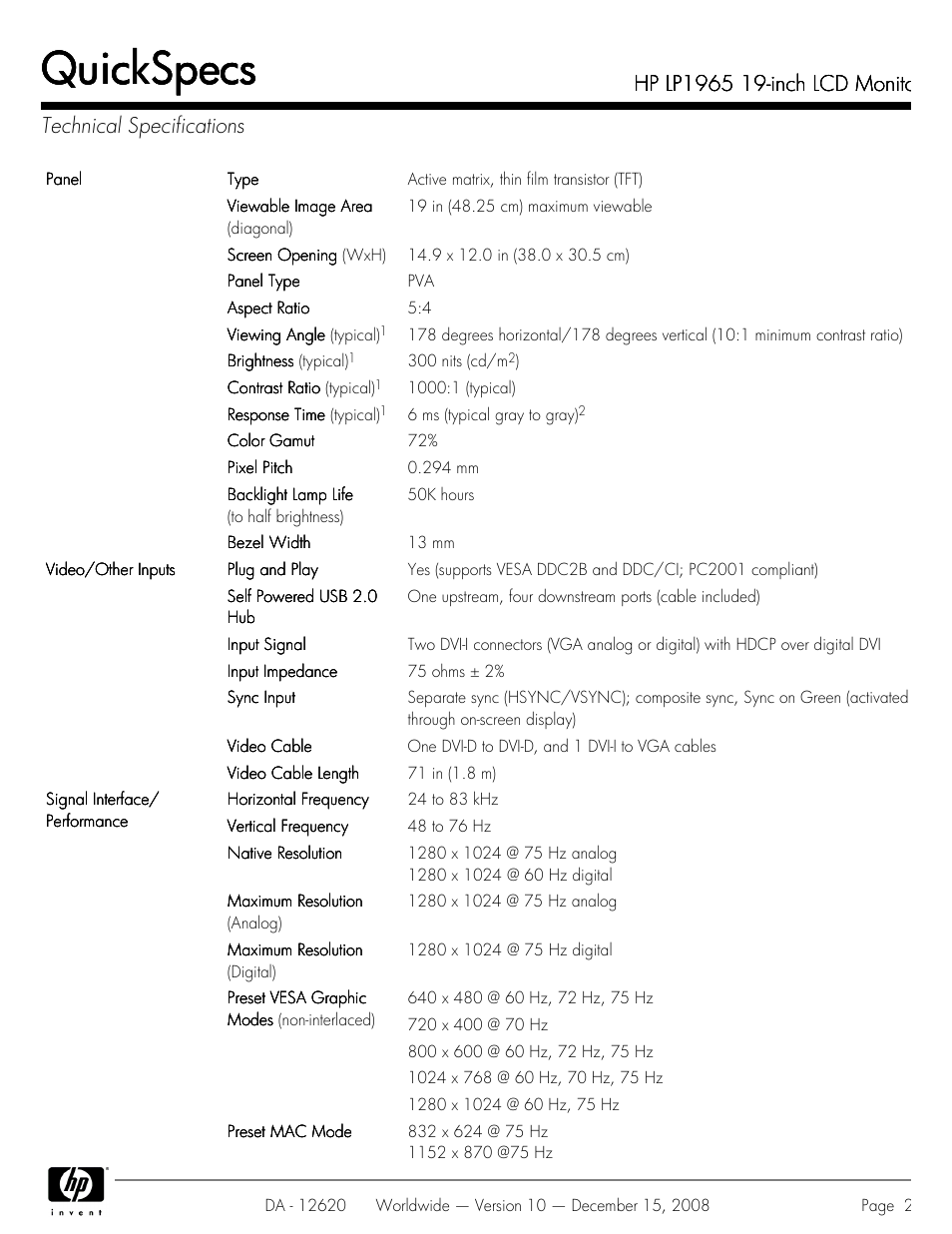 Technical specifications, Quickspecs | HP 19 INch LCD Monitor LP1965 User Manual | Page 2 / 11