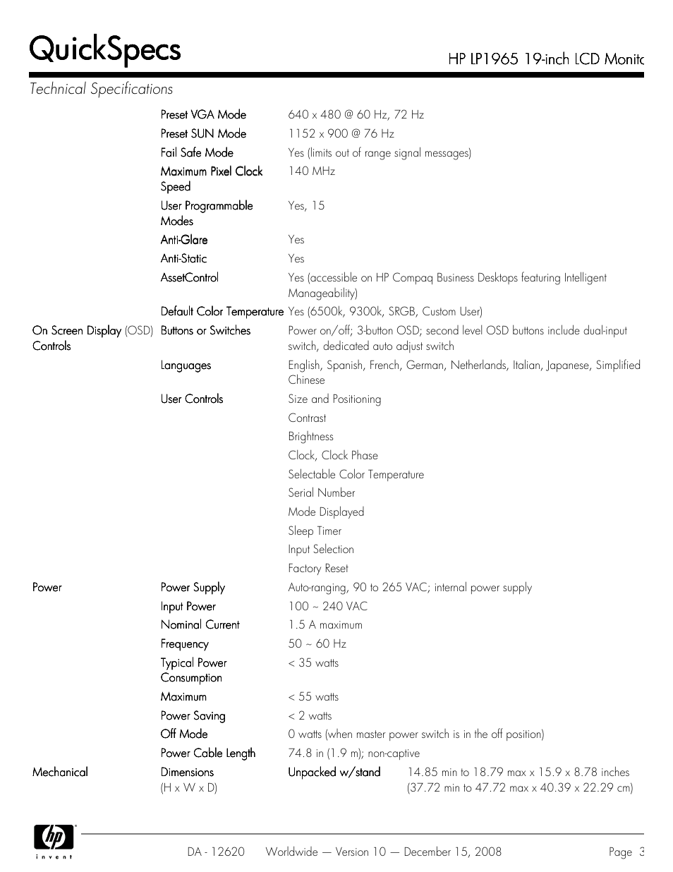Quickspecs | HP 19 INch LCD Monitor LP1965 User Manual | Page 3 / 11