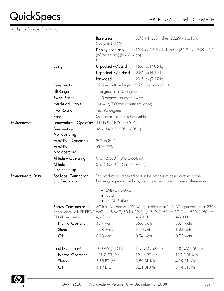 Quickspecs | HP 19 INch LCD Monitor LP1965 User Manual | Page 4 / 11