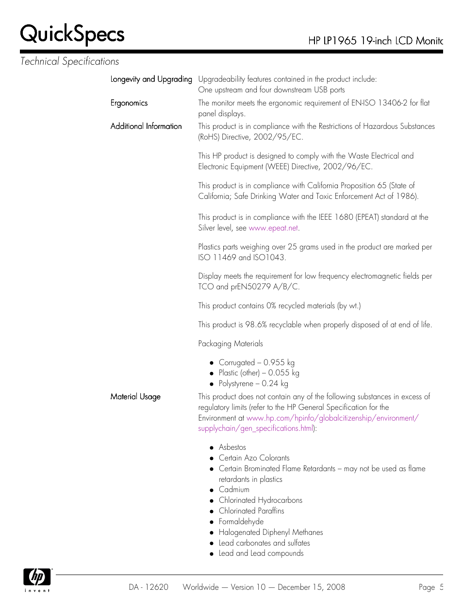 Quickspecs | HP 19 INch LCD Monitor LP1965 User Manual | Page 5 / 11