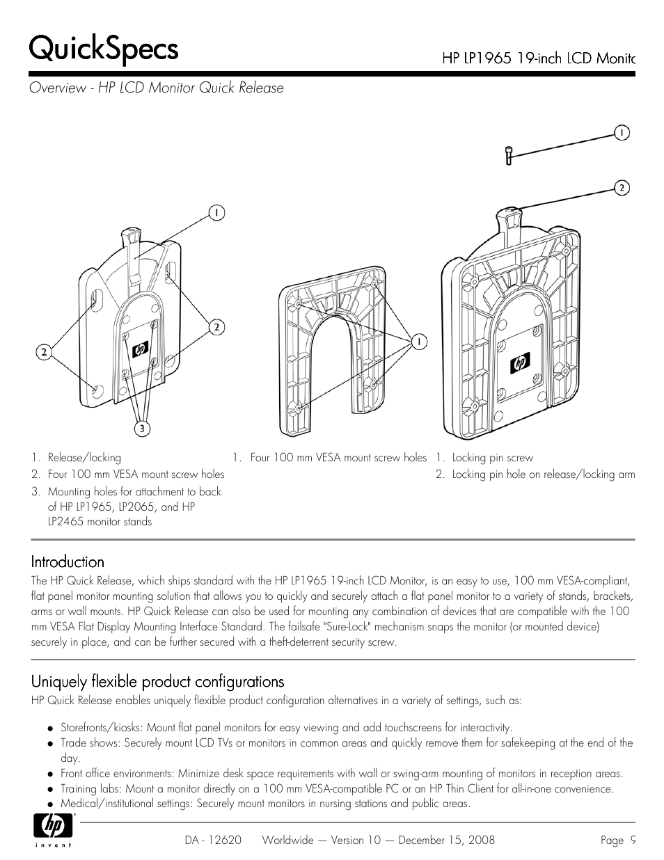 Overview - hp lcd monitor quick release, Quickspecs | HP 19 INch LCD Monitor LP1965 User Manual | Page 9 / 11