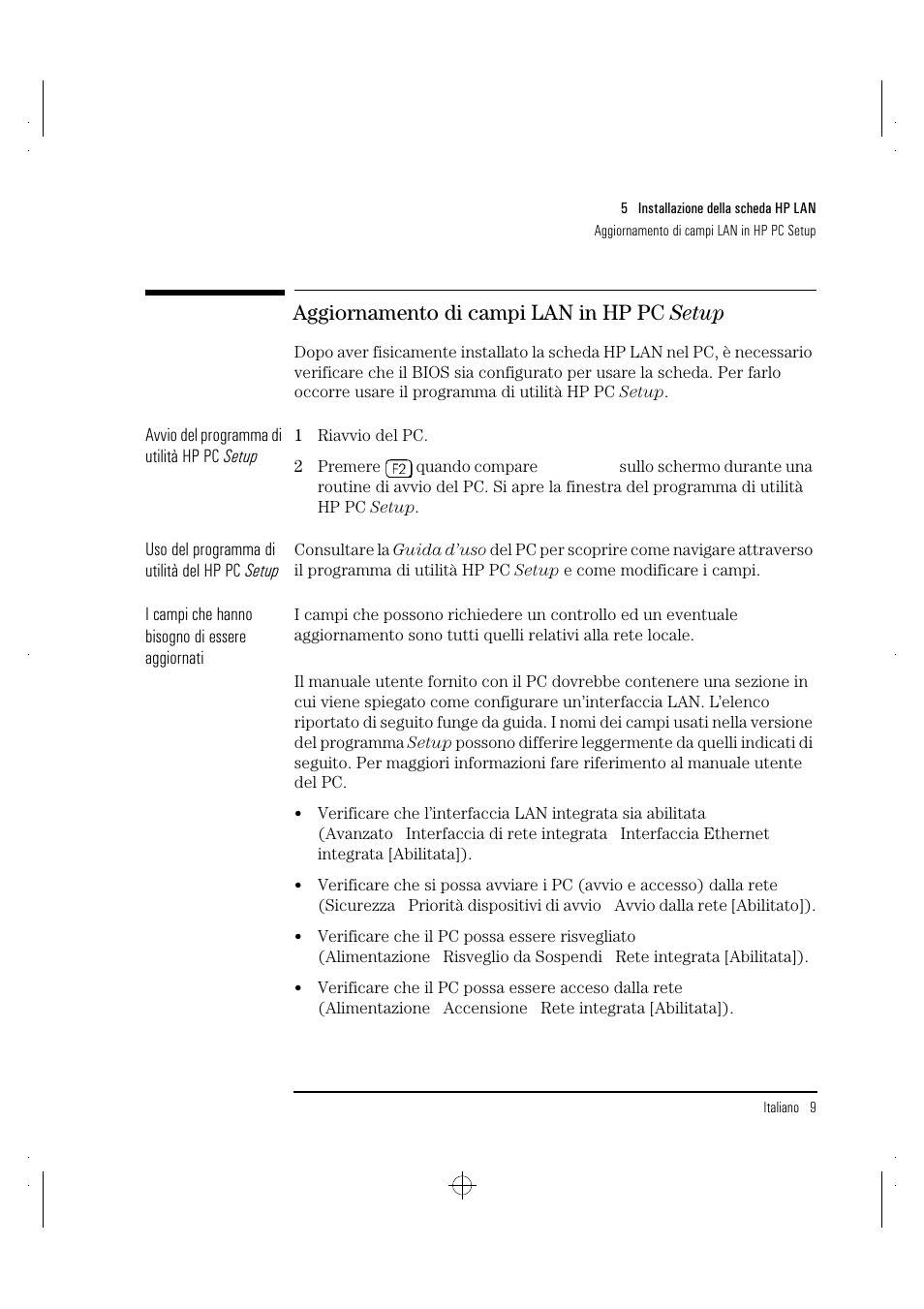 Aggiornamento di campi lan in hp pc setup | HP 10BT NightDIRECTOR/100 User Manual | Page 109 / 121