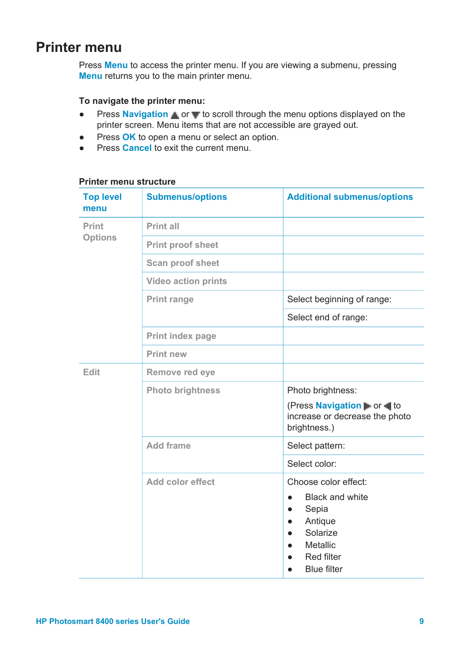 Printer menu | HP Photosmart 8400 Series User Manual | Page 13 / 89