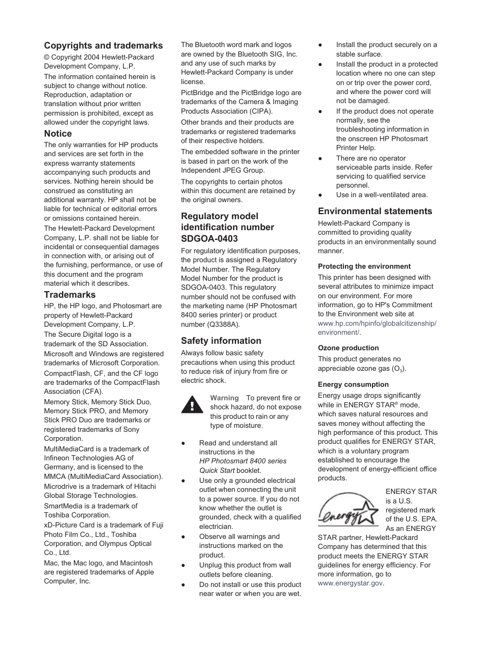 Copyrights and trademarks, Notice, Trademarks | Regulatory model identification number sdgoa-0403, Safety information, Environmental statements | HP Photosmart 8400 Series User Manual | Page 2 / 89