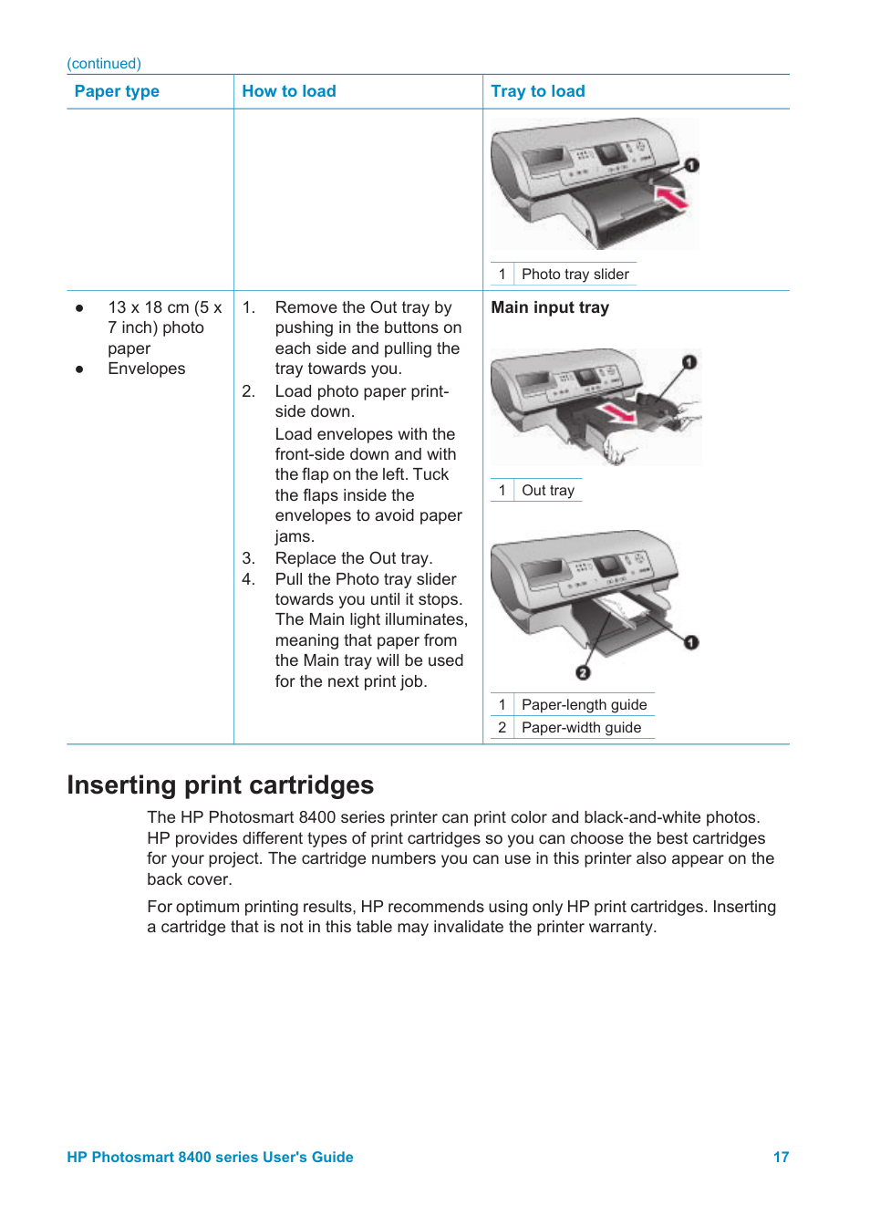 Inserting print cartridges | HP Photosmart 8400 Series User Manual | Page 21 / 89