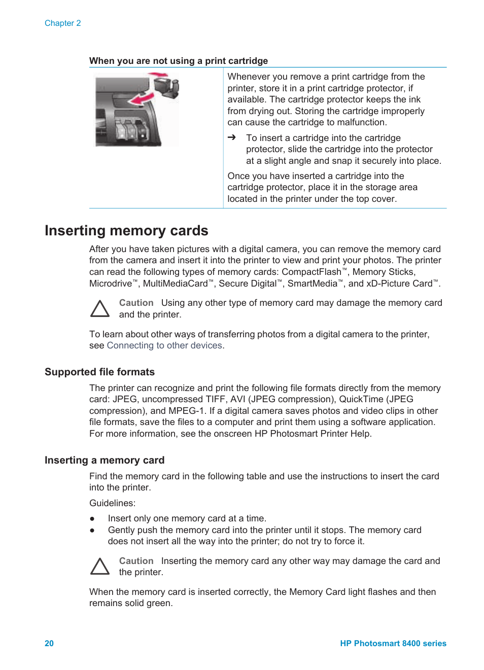 Inserting memory cards, Supported file formats, Inserting a memory card | HP Photosmart 8400 Series User Manual | Page 24 / 89