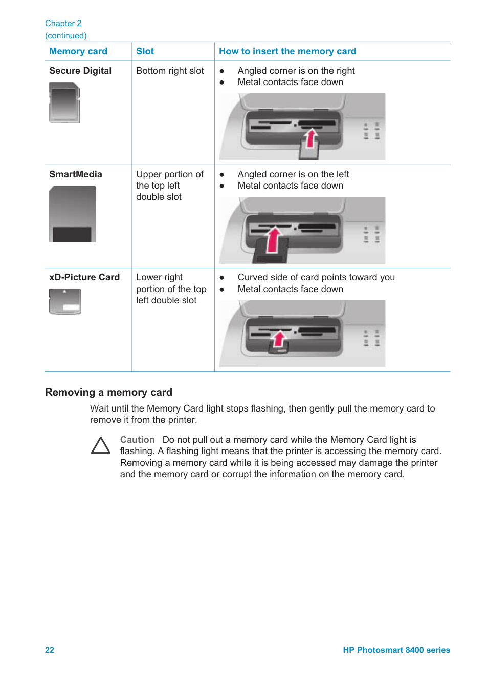 Removing a memory card | HP Photosmart 8400 Series User Manual | Page 26 / 89