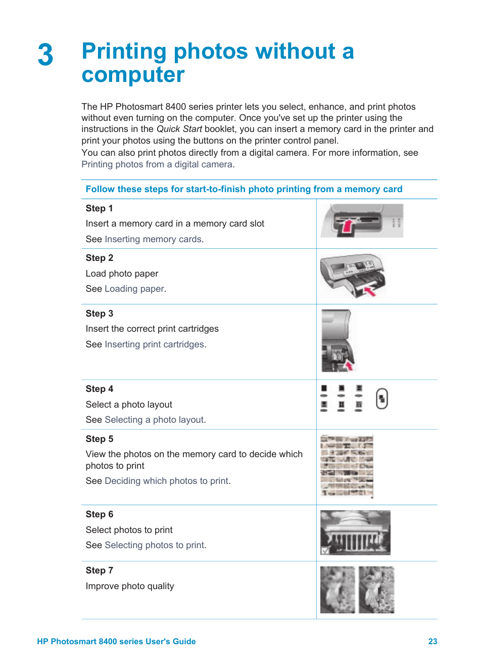 Printing photos without a computer | HP Photosmart 8400 Series User Manual | Page 27 / 89