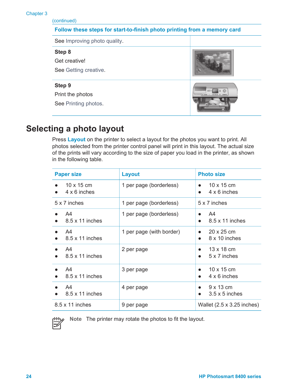 Selecting a photo layout | HP Photosmart 8400 Series User Manual | Page 28 / 89