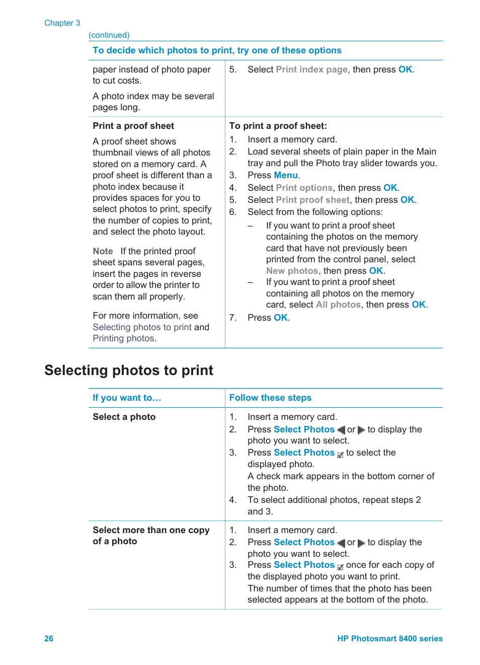 Selecting photos to print | HP Photosmart 8400 Series User Manual | Page 30 / 89