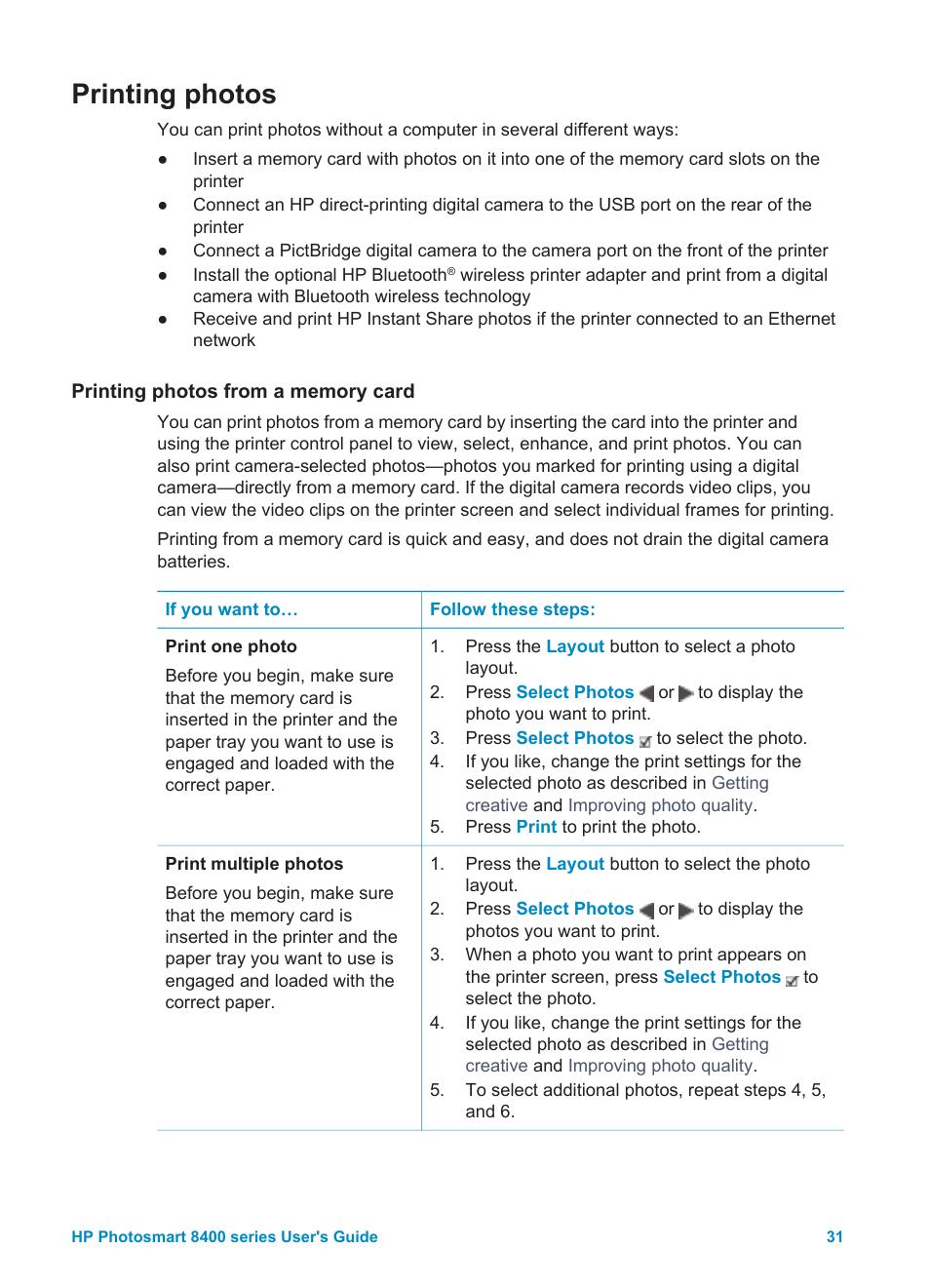 Printing photos, Printing photos from a memory card | HP Photosmart 8400 Series User Manual | Page 35 / 89