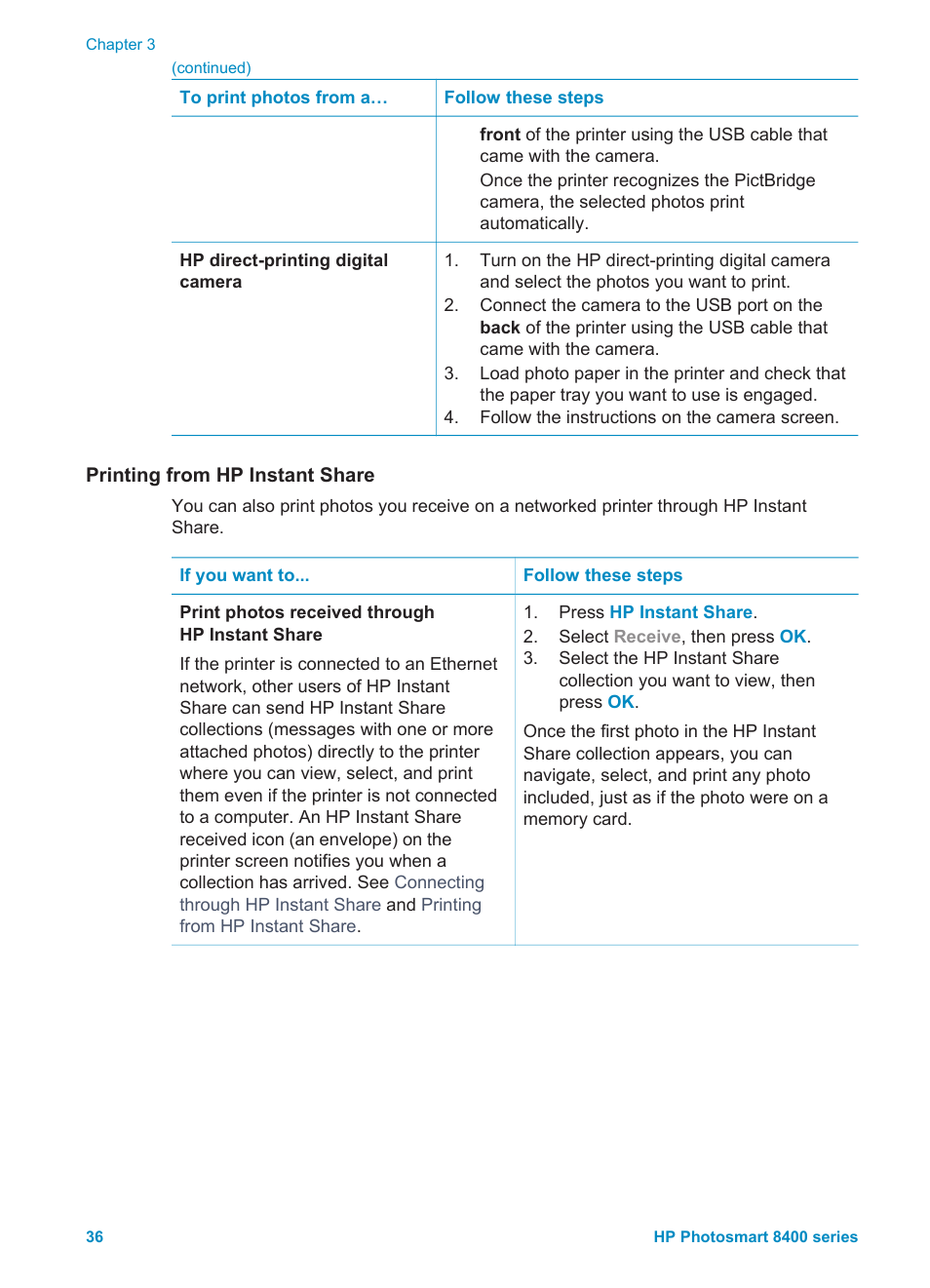 Printing from hp instant share | HP Photosmart 8400 Series User Manual | Page 40 / 89