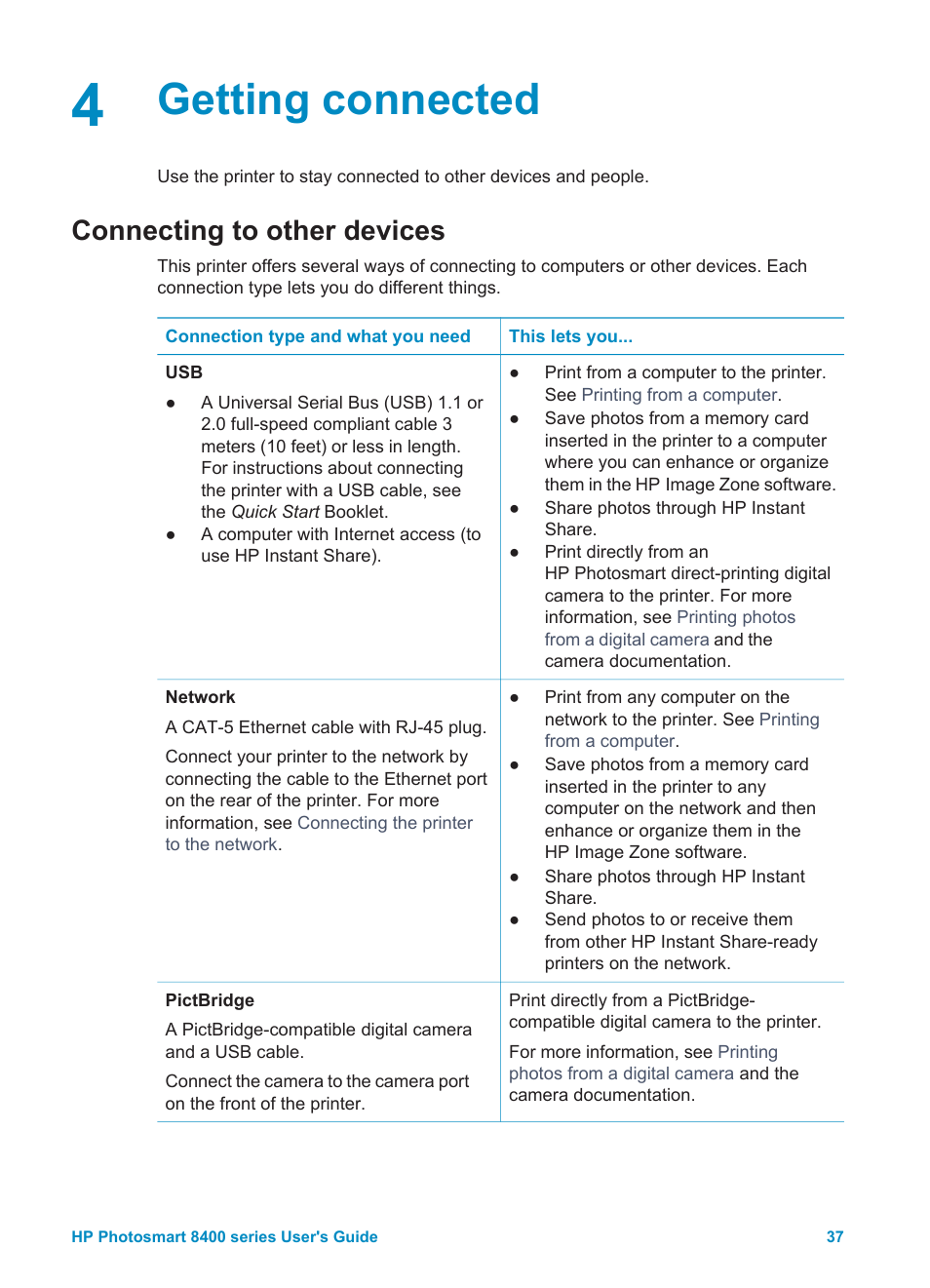 Getting connected, Connecting to other devices | HP Photosmart 8400 Series User Manual | Page 41 / 89