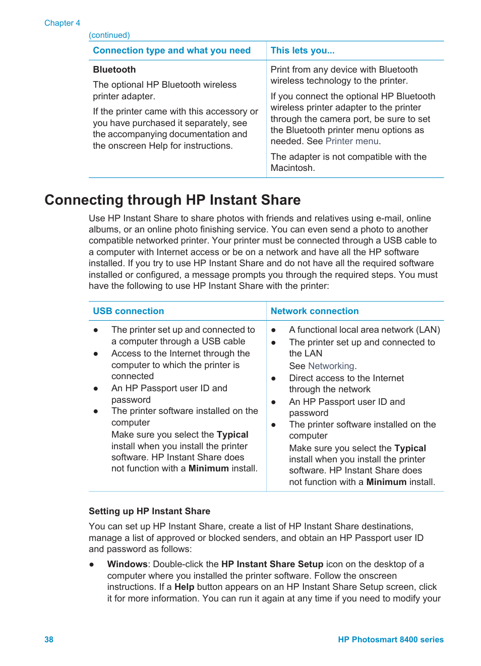 Connecting through hp instant share, Connecting, Through hp instant share | HP Photosmart 8400 Series User Manual | Page 42 / 89