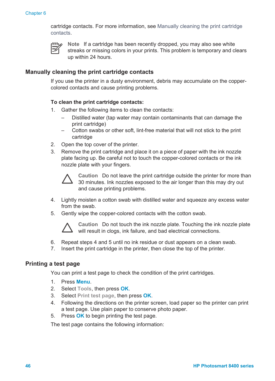 Manually cleaning the print cartridge contacts | HP Photosmart 8400 Series User Manual | Page 50 / 89