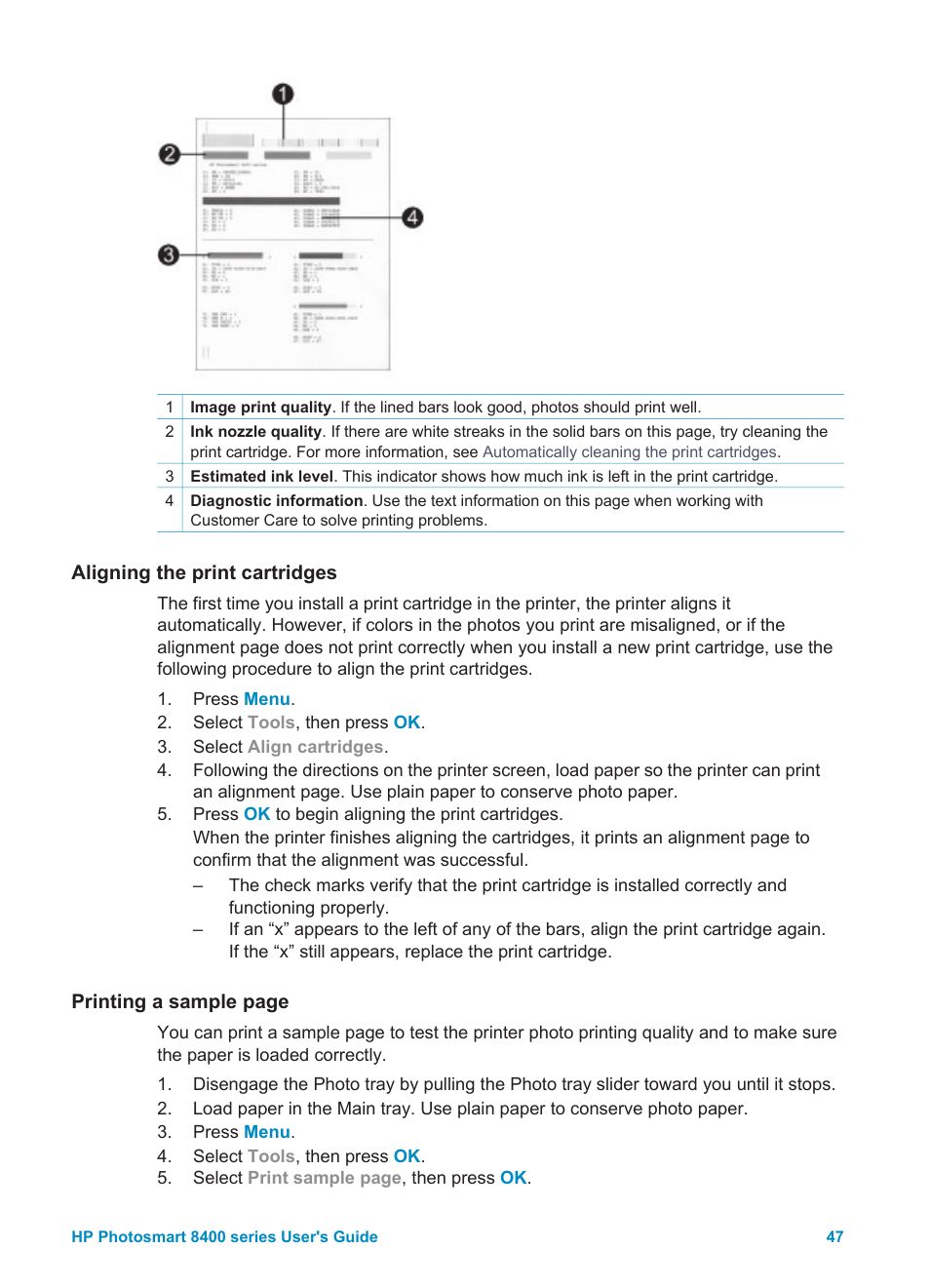 Aligning the print cartridges | HP Photosmart 8400 Series User Manual | Page 51 / 89