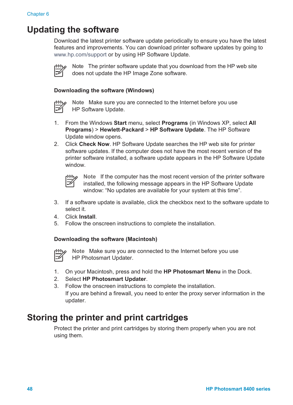 Updating the software, Storing the printer and print cartridges, Storing the printer storing the print cartridges | HP Photosmart 8400 Series User Manual | Page 52 / 89