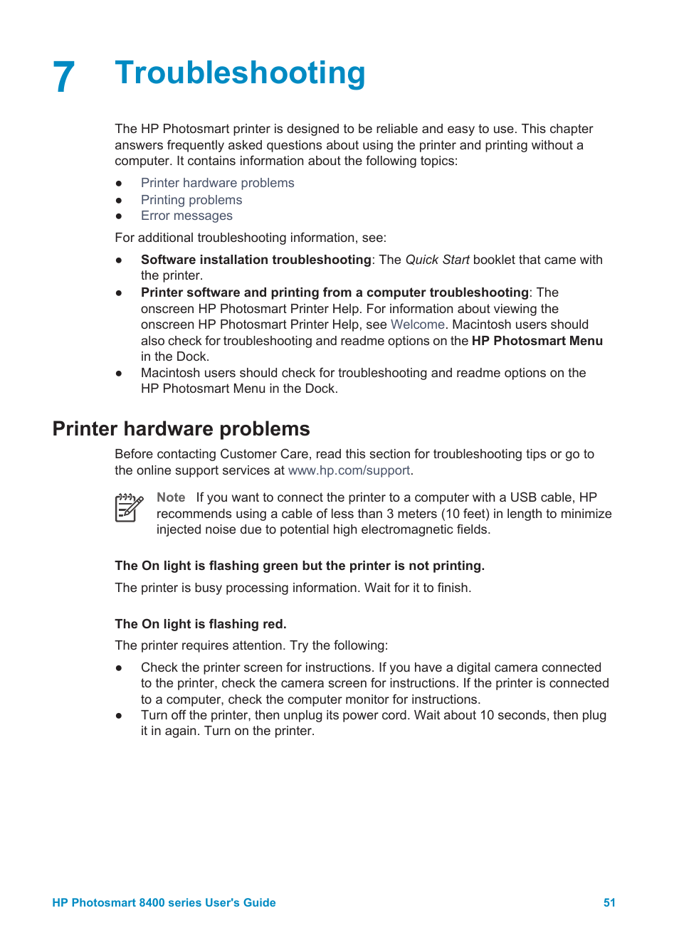 Troubleshooting, Printer hardware problems | HP Photosmart 8400 Series User Manual | Page 55 / 89