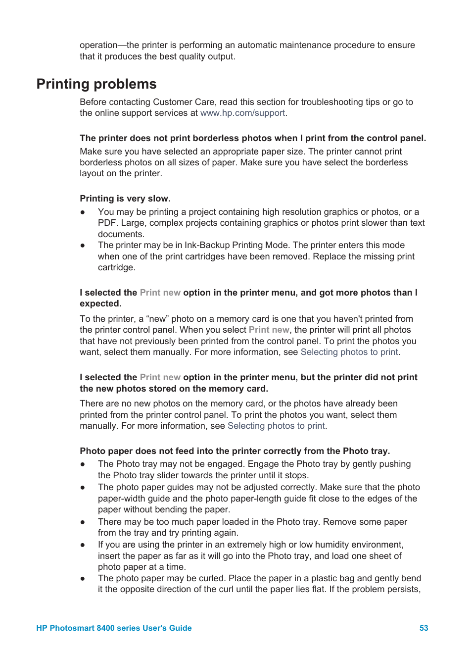 Printing problems | HP Photosmart 8400 Series User Manual | Page 57 / 89